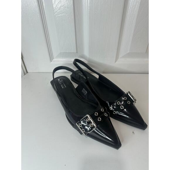 Call It Spring by Aldo Natallya Slingback Flats Black Silver Buckle Moto Sz 10 - Picture 2 of 6